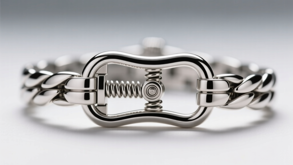 Macro view of a sterling silver Figaro clasp, revealing the internal spring tension lever and polished rhodium finish.
