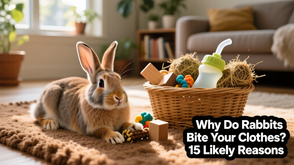 Happy rabbit lounging on a soft rug beside a basket filled with safe chew toys, hay, and a water bottle