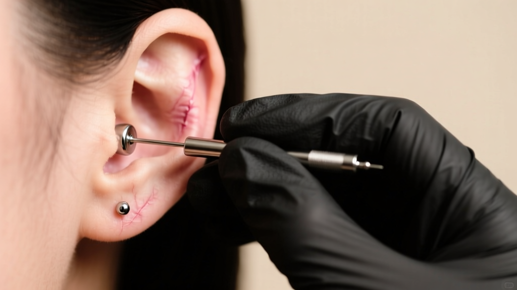 Piercer in black nitrile gloves inserting an implant-grade titanium flat-back labret into a freshly healed earlobe piercing