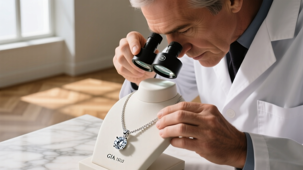 Gemologist using a 10x loupe to inspect the girdle of a diamond pendant necklace for a laser-inscribed GIA certification number