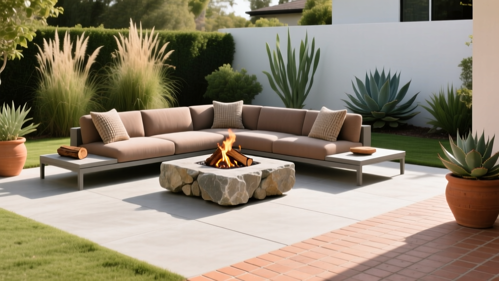 Backyard showcasing a stamped concrete patio beside a clay paver patio with modern outdoor lounge seating and a stone fire pit
