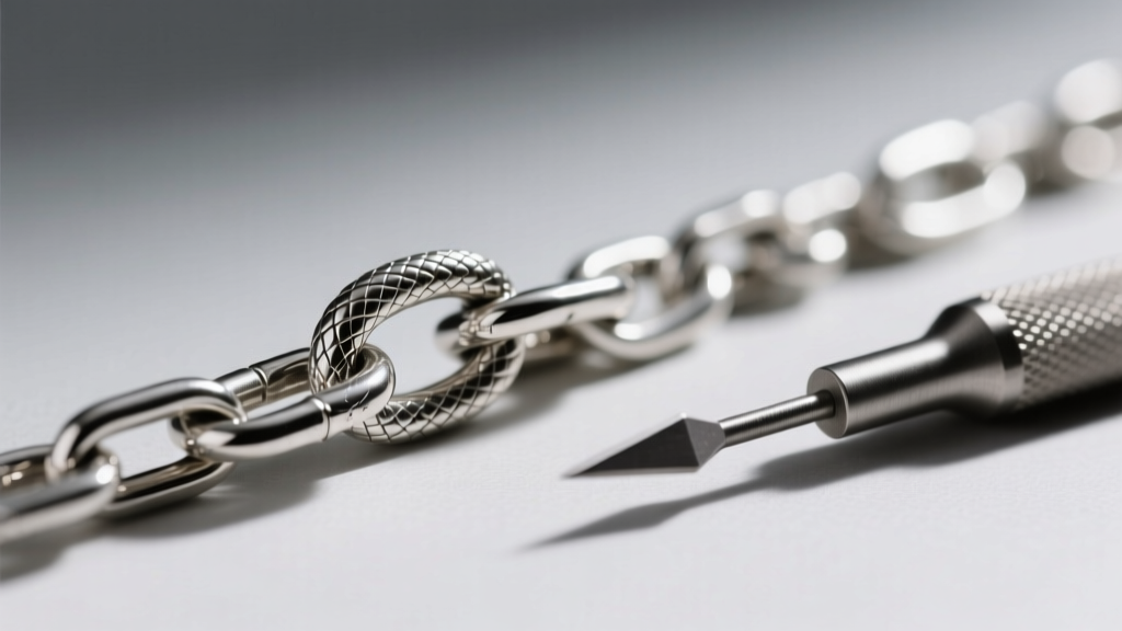 Macro photo of a micro-kink in an 18-inch sterling silver snake chain showing bent metal links next to a steel jewelry awl tool.