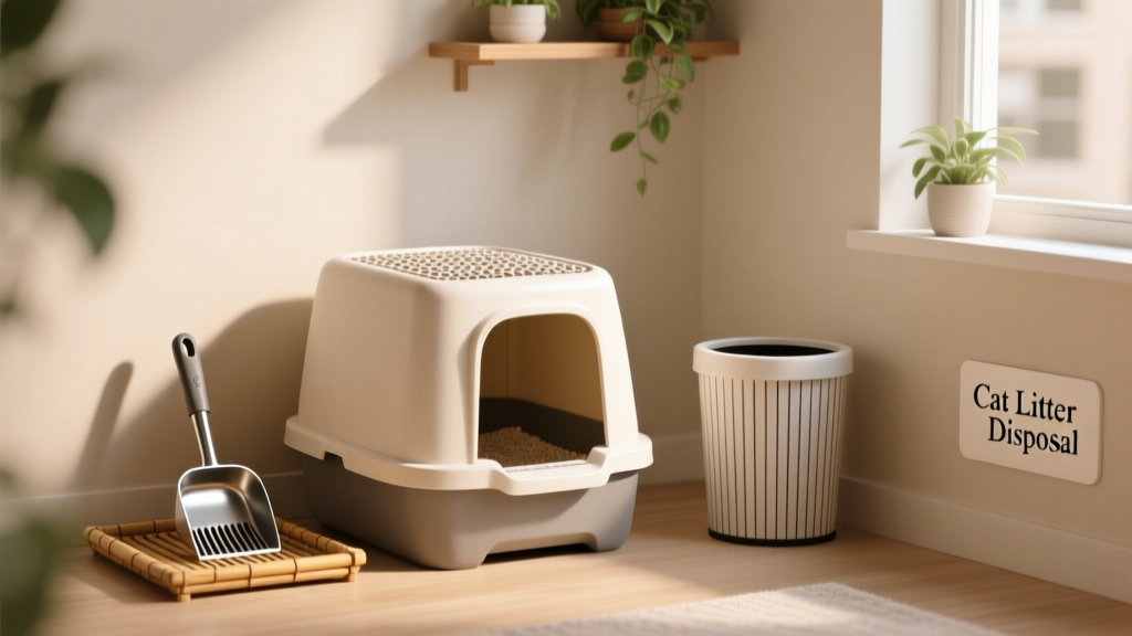 A neatly organized litter station with a covered litter box, scooper, and lined trash bin nearby