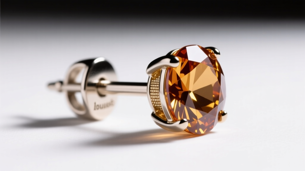 Side profile of a spessartite garnet stud earring showing an 18-gauge titanium post and a secure la pousette locking back