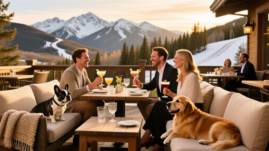Ajax Tavern patio with mountain views, diners enjoying drinks, and dogs lounging beside their owners