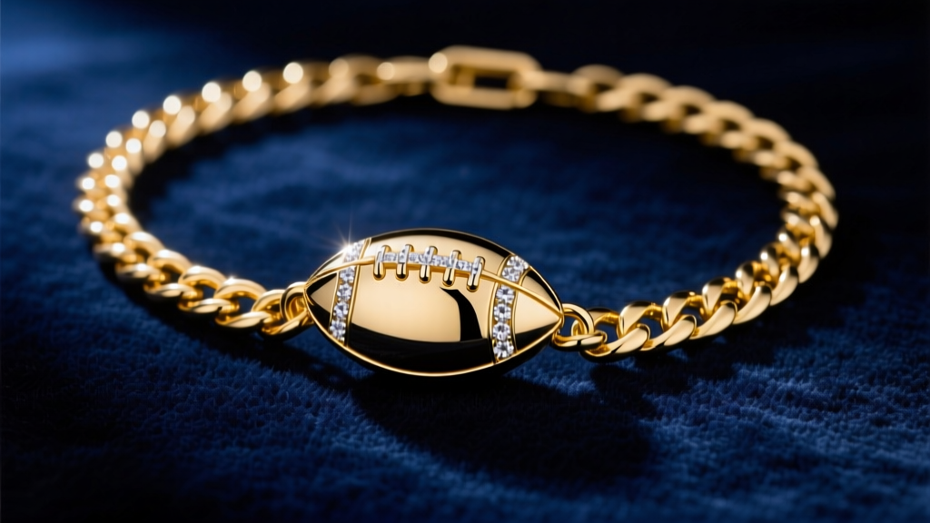 14k yellow gold Cuban chain with a custom diamond football pendant resting on dark navy velvet under bright studio lighting.
