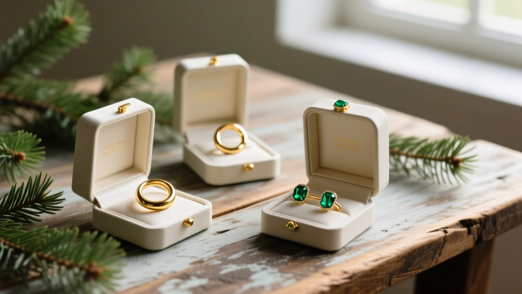 Open jewelry boxes containing gold huggie hoops and emerald ear cuffs resting on a rustic wooden table with green pine branches.