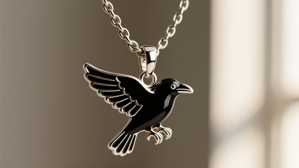 A 1.5mm stainless steel rolo chain with a lobster clasp being threaded through the jump ring of a black enamel raven charm.