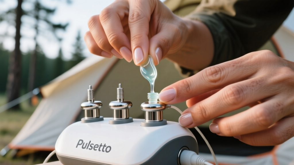 Close-up of hands applying conductive gel to the four titanium electrodes of a Pulsetto sleep device before a camping trip