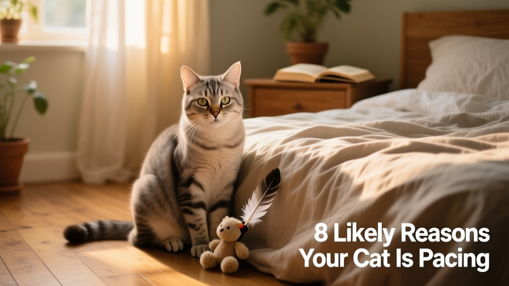 Senior cat sitting calmly beside a cozy bed with soft lighting, looking relaxed and engaged with a nearby toy
