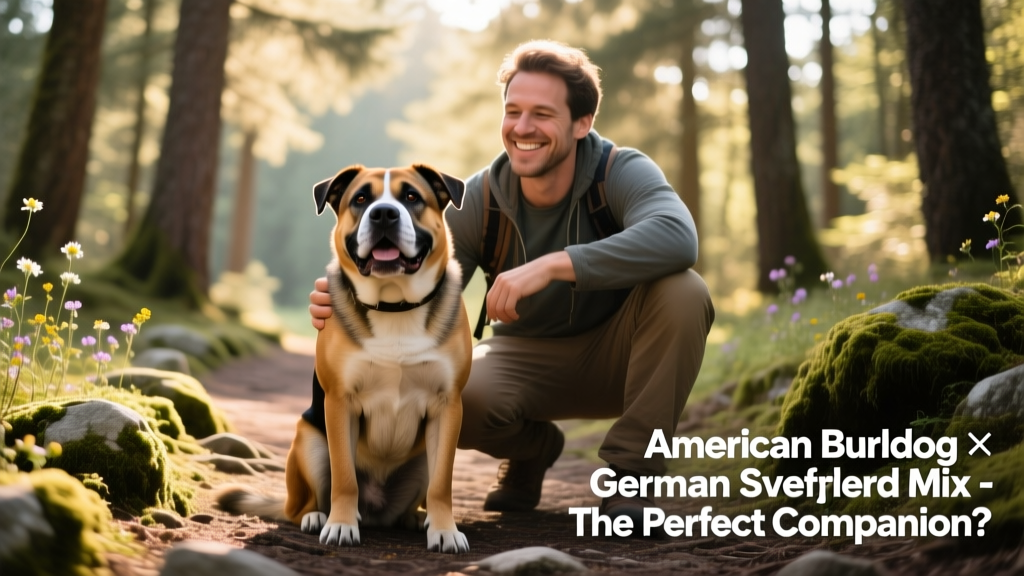 A happy, well-groomed American Bulldog and German Shepherd mix sitting attentively beside its owner on a hiking trail