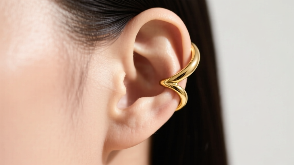 Close-up of a delicate 18k gold ear crawler curving up the cartilage of a model's ear, illuminated by soft studio lighting