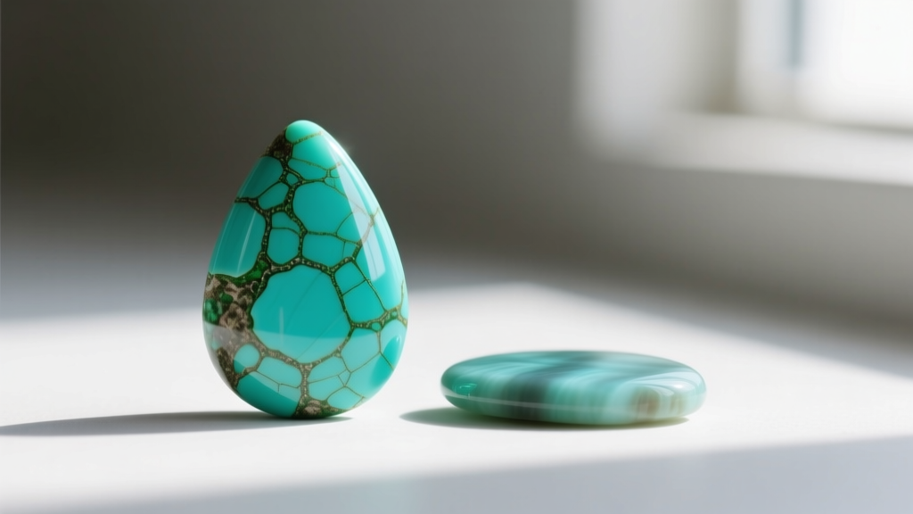Macro shot of a genuine Royston turquoise teardrop cabochon showing green webbing beside a flat, dyed howlite imitation.