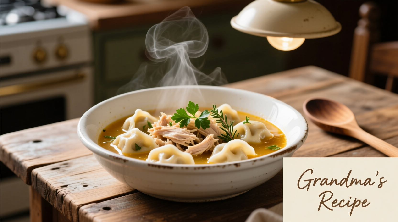 Homemade chicken and dumplings in white bowl