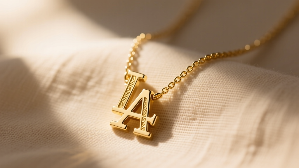 Close-up of a delicate gold vermeil LA initial necklace resting on soft beige linen, illuminated by warm directional sunlight.
