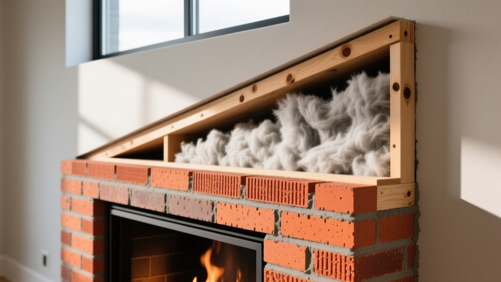 Cross-section of masonry fireplace wall showing firebrick, air gap, high-temperature mineral wool insulation, and wood framing