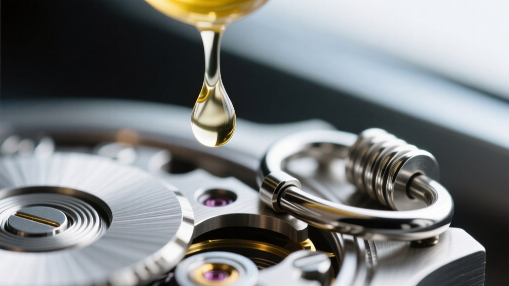 A 0.1mm oiler pin applying a tiny drop of synthetic watch oil into the mechanism of a sterling silver spring ring clasp.