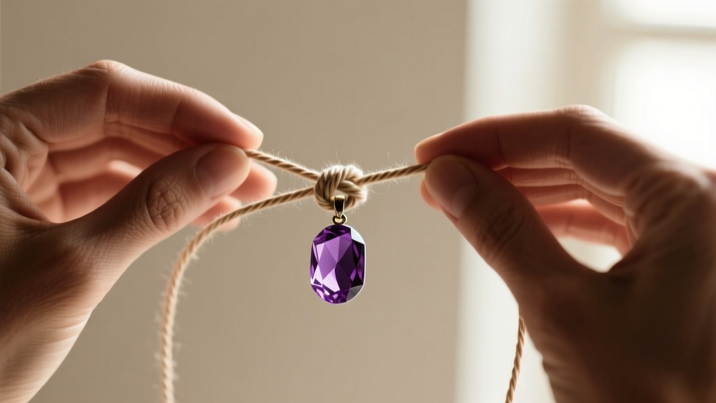 Close-up of hands tying a slip knot on 1mm waxed cotton cord with an amethyst pendant, soft natural lighting, macro photography