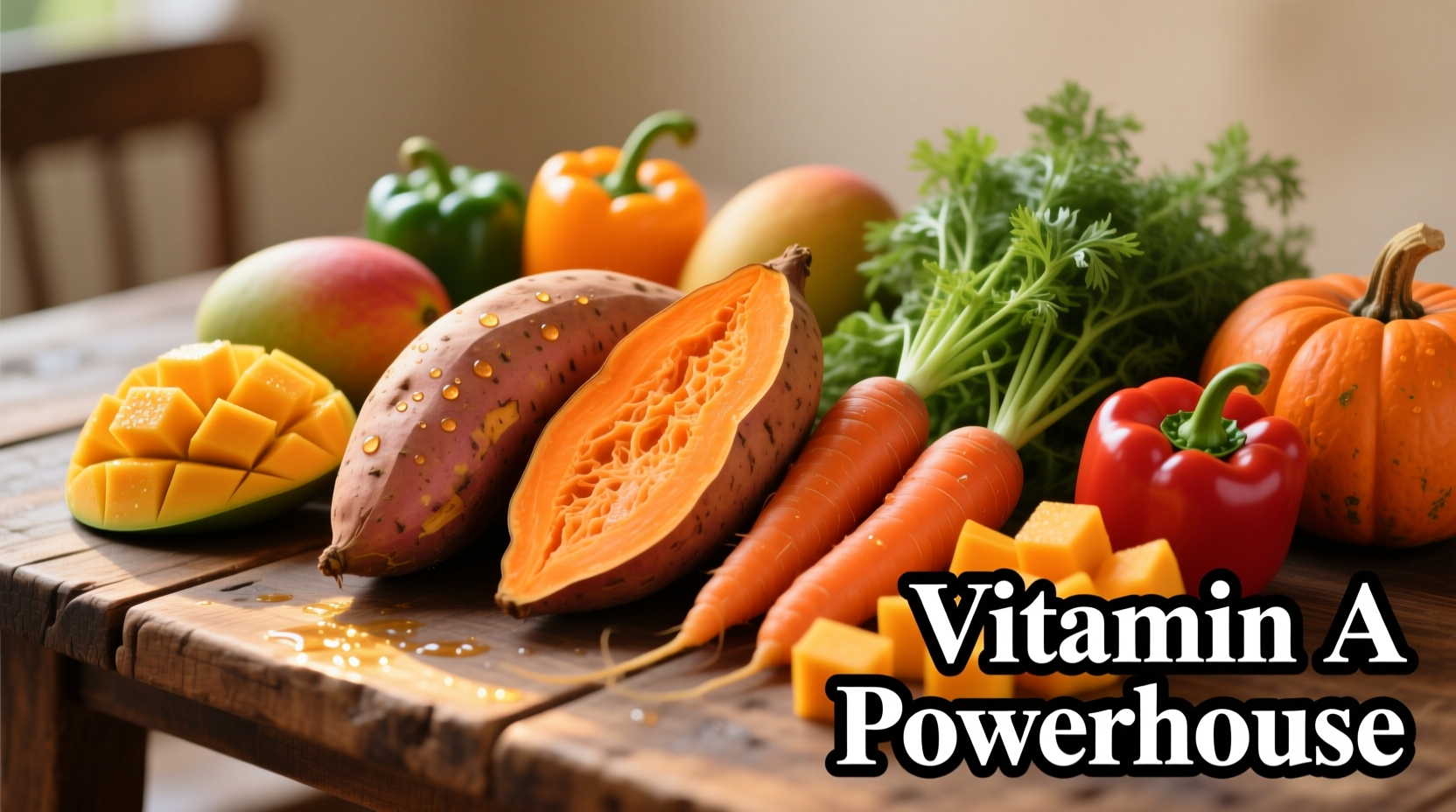 Colorful vitamin A rich foods including sweet potatoes and carrots