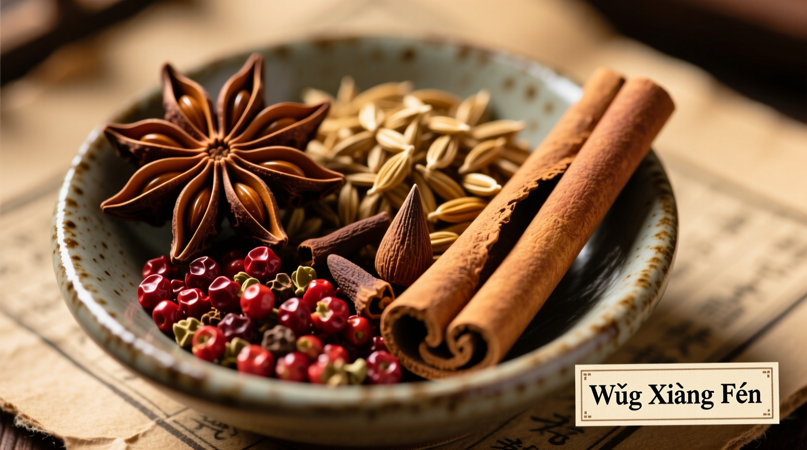 Close-up of Chinese five spice ingredients