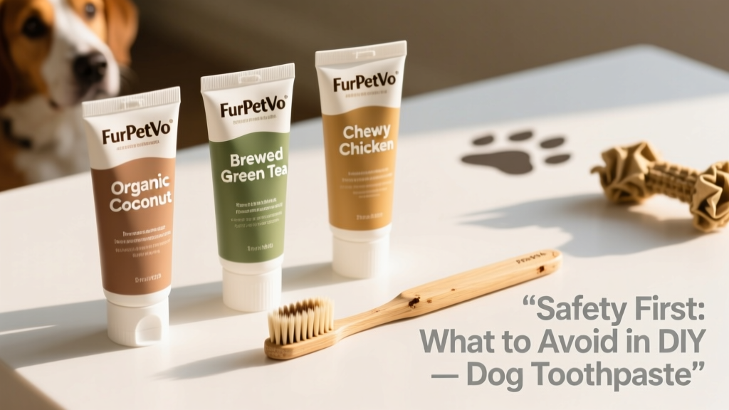 Three FurPetVo toothpaste tubes on a clean white surface with a dog toothbrush beside them