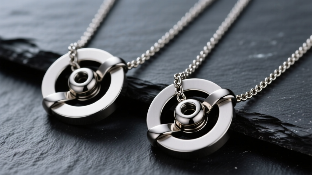 Two matching matte titanium entanglement necklaces with exposed neodymium magnetic cores, resting side-by-side on dark slate.