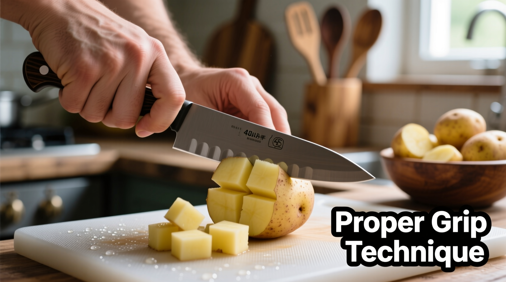 Hand demonstrating proper potato cuber technique with safety grip