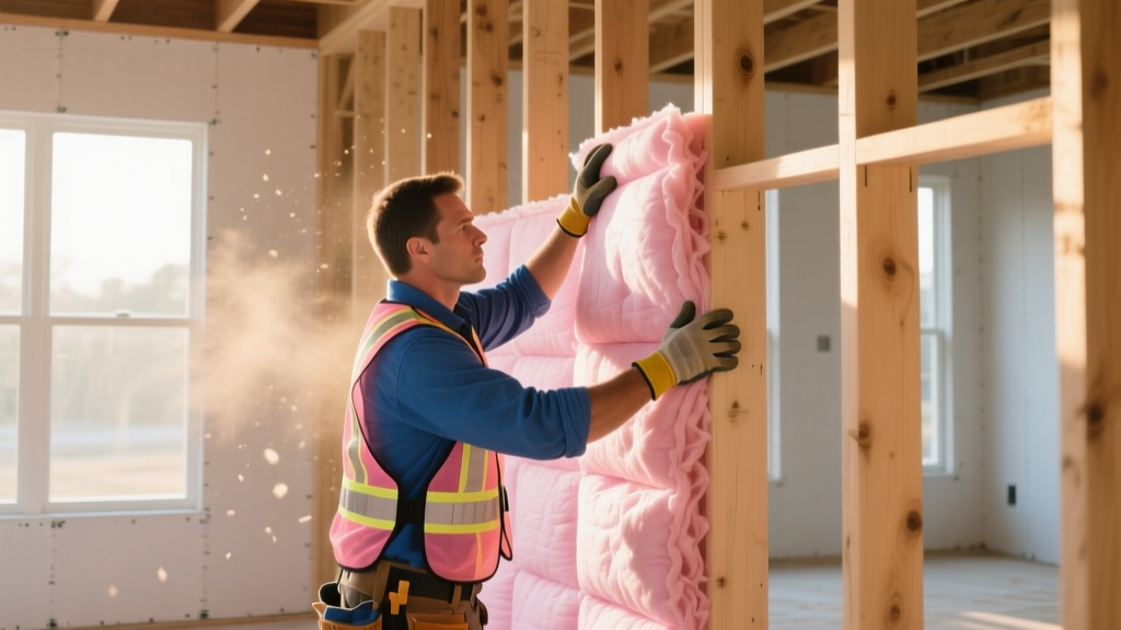Construction worker installing pink fiberglass batts between wooden wall studs in a newly framed residential home interior.