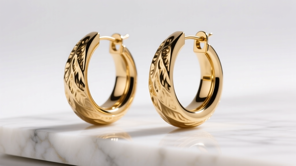 Close-up of large, textured 14k gold-filled hoop earrings resting on a marble surface under soft, directional studio lighting