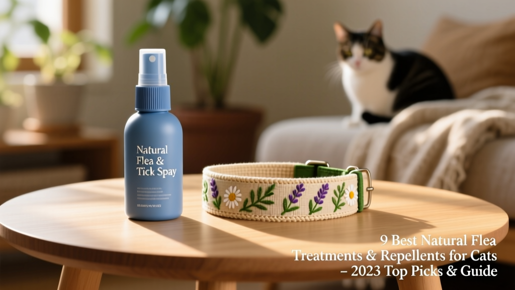 Side-by-side comparison of two FurPetVo products: a sleek blue spray bottle labeled 'Natural Flea & Tick Spray' next to a woven fabric collar with subtle botanical embroidery