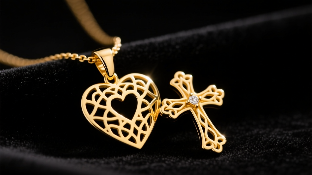 14k yellow gold heart and cross necklace on dark velvet, highlighting intricate cutout details under soft warm studio lighting