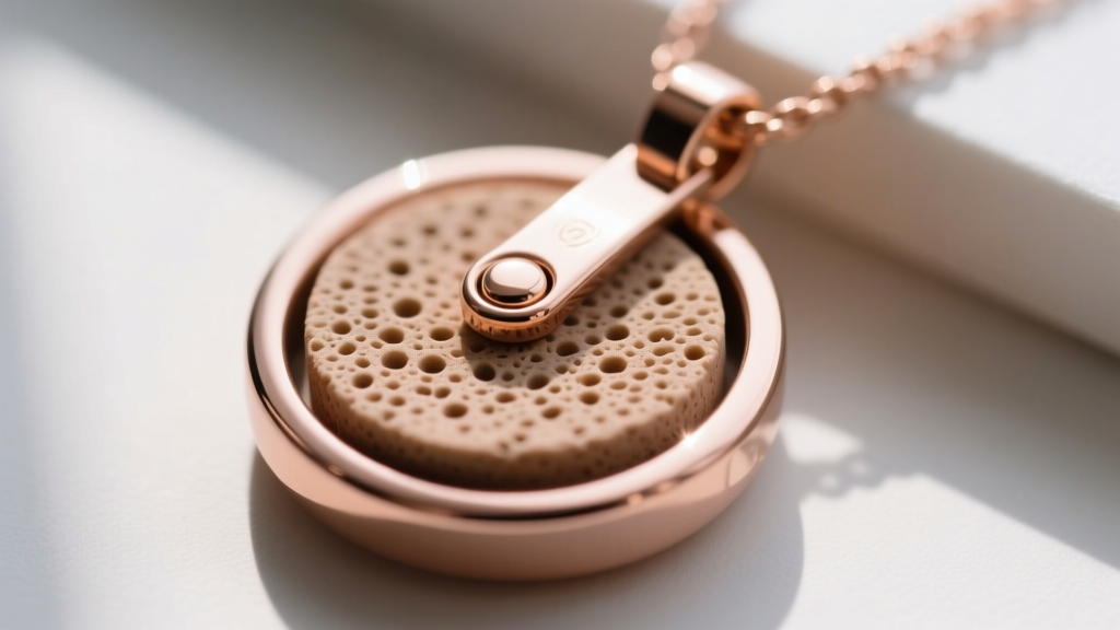 Macro close-up of a sintered ceramic aromatherapy pad inside a brushed rose gold vermeil pendant with a secure magnetic closure