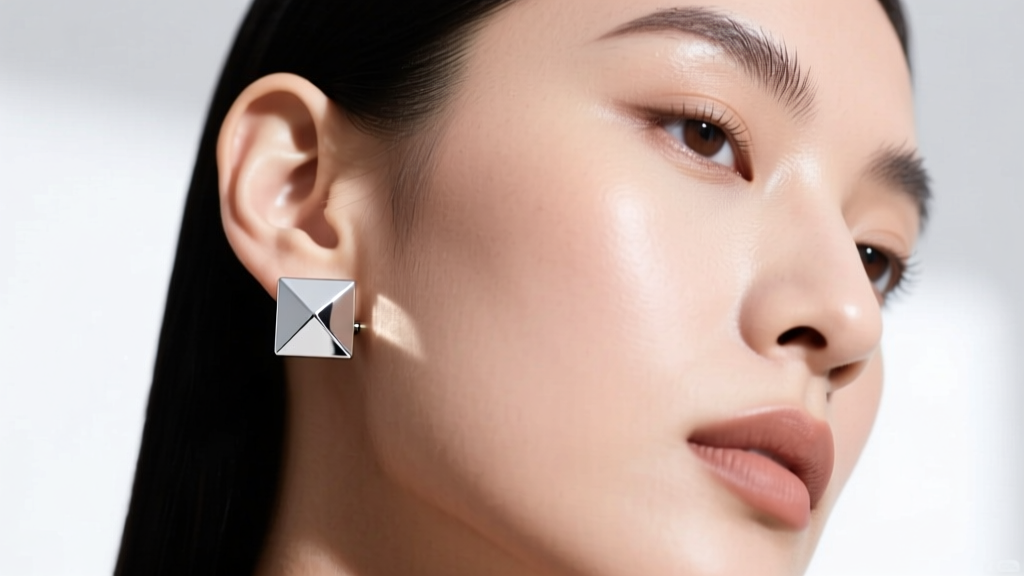 Model wearing 12mm rhodium silver cube stud on earlobe, showing mirror reflection on flat geometric facets and sharp corners.