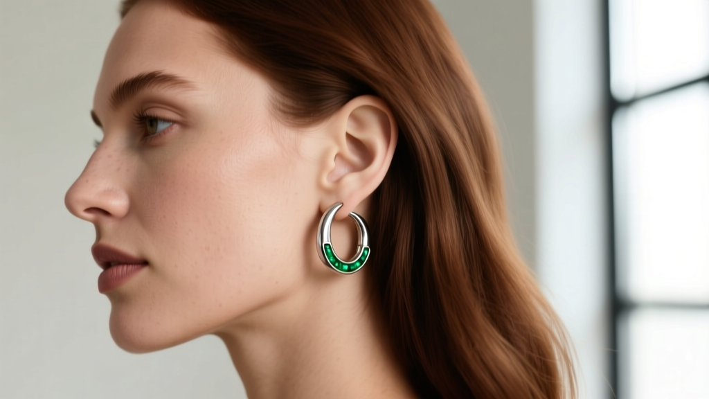 Profile of a woman wearing titanium huggie hoops with emerald accents, showing a safe option for sensitive ear cartilage