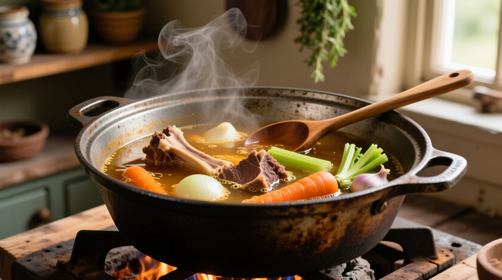 Bone broth simmering with vegetables in pot
