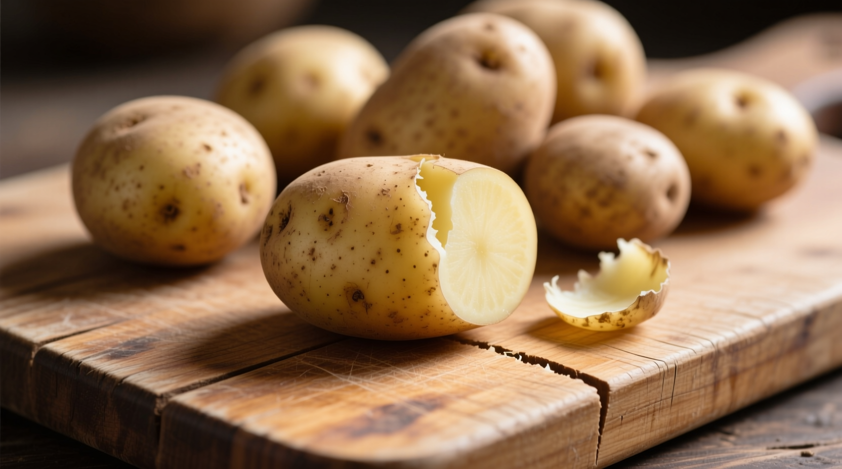 Raw potatoes on wooden cutting board