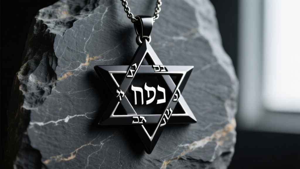 Matte black Grade 5 titanium tetragrammaton pendant with silver-filled Hebrew lettering, photographed against a raw slate stone.