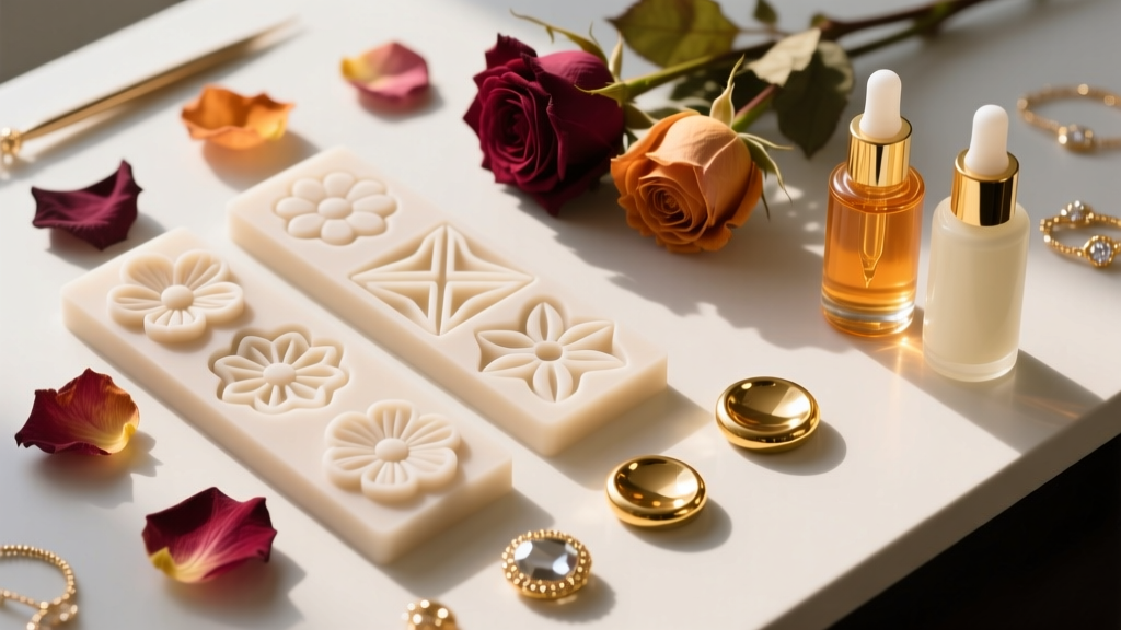 Overhead flatlay of a jewelry desk with silicone molds, dried roses, gold bezels, and two-part epoxy resin bottles in warm light.