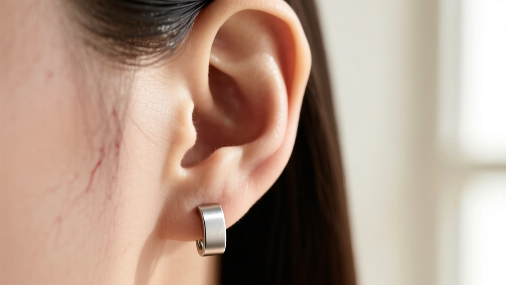 Side profile diagram showing a flat back earring post sitting flush against the ear tissue, distributing sleep pressure evenly.