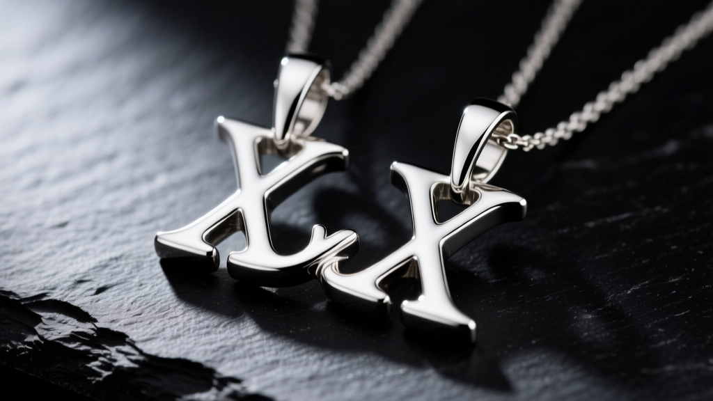 Macro shot comparing side-by-side and interlocking double initial pendants in polished sterling silver on a dark slate background.