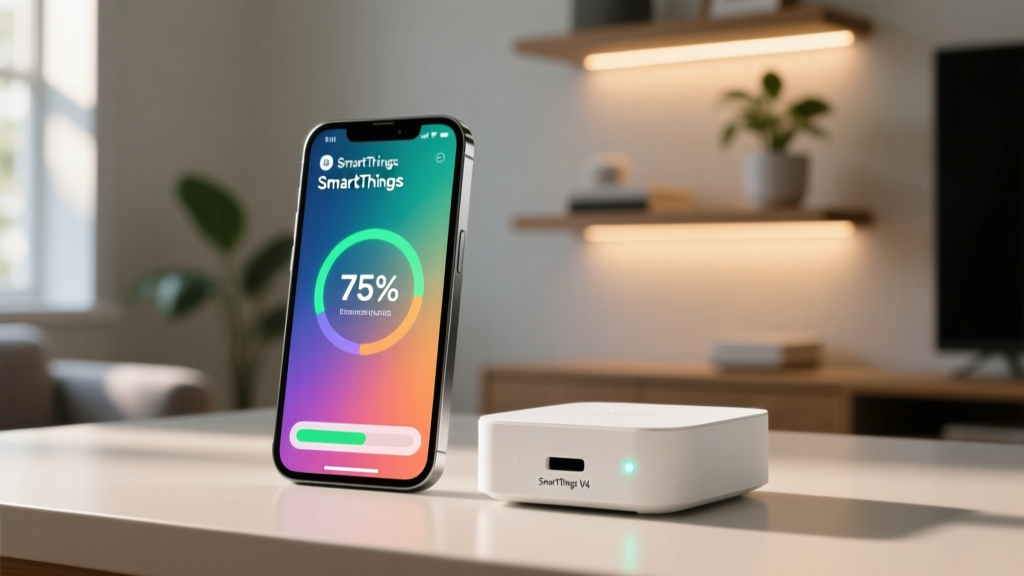 Smartphone displaying the SmartThings app firmware update progress bar at 75 percent next to the physical SmartThings Hub V4