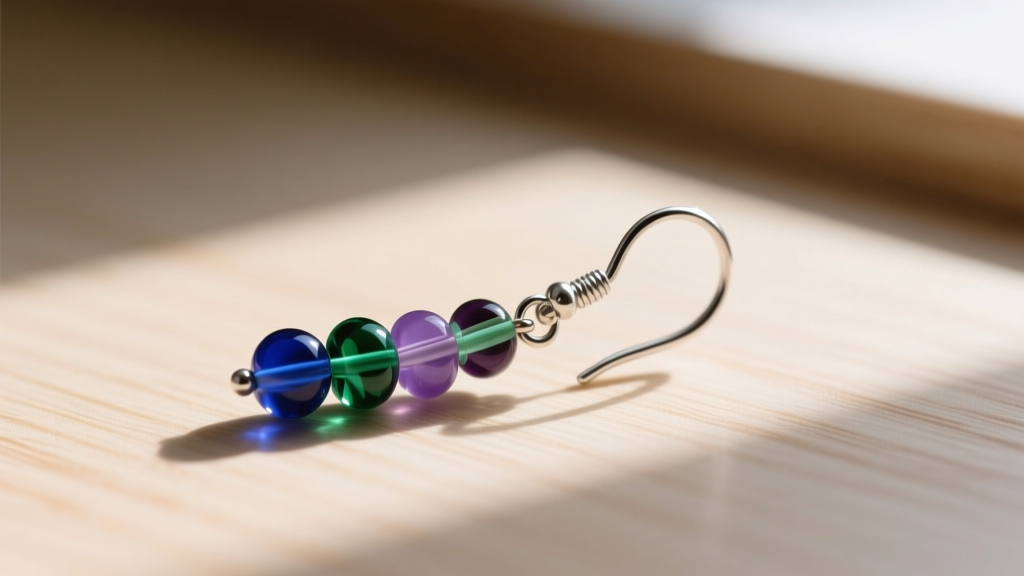 Side view of a finished beaded drop earring on wood, highlighting the smooth curve of a hand-forged sterling silver ear wire hook