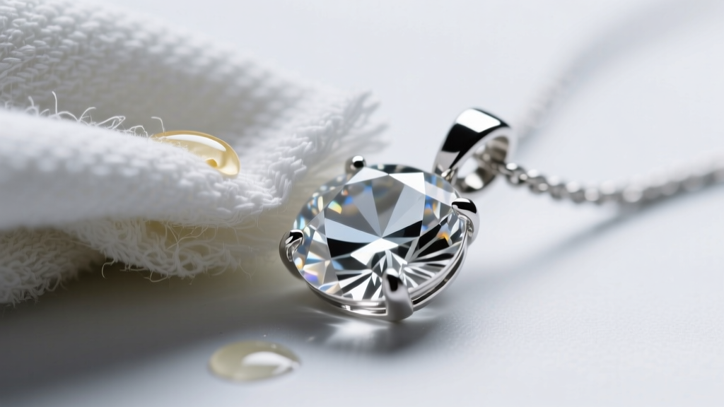 Macro shot of a microfiber cloth gently wiping a rhodium-plated crystal pendant to remove skin oils, highlighting the facets.