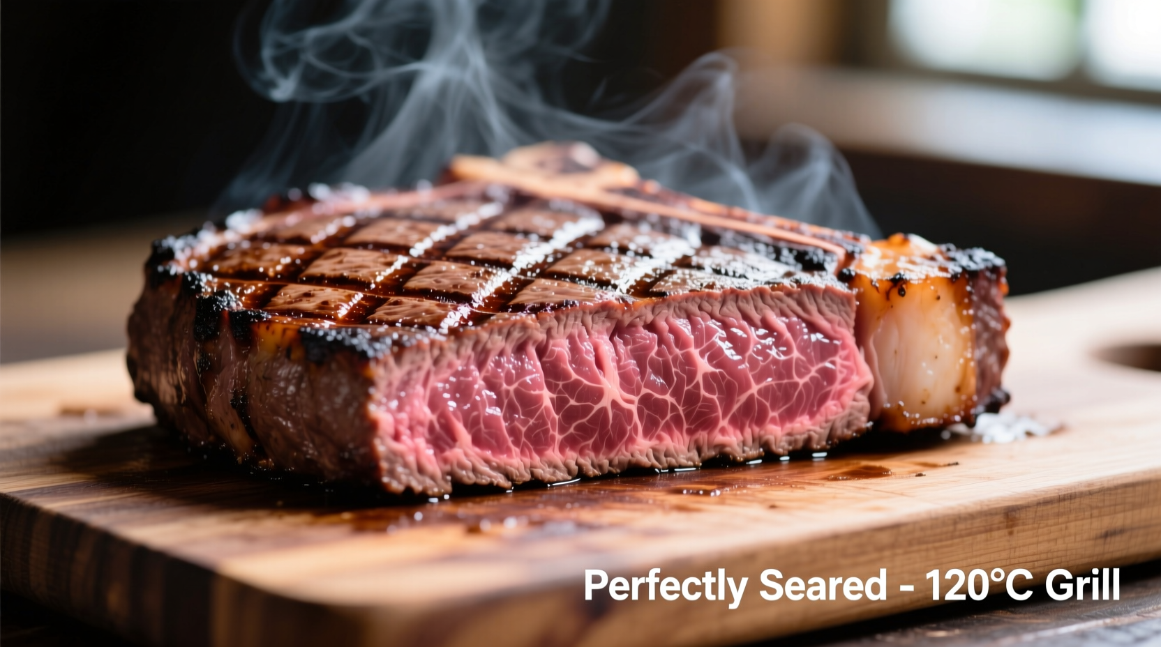 Perfectly seared thick steak with cross-section showing even pink interior