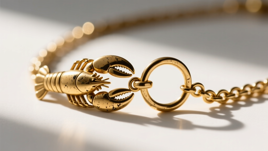 Macro shot of a Dana Buchman gold-tone lobster clasp and jump ring showing minor plating wear on a vintage rolo chain necklace