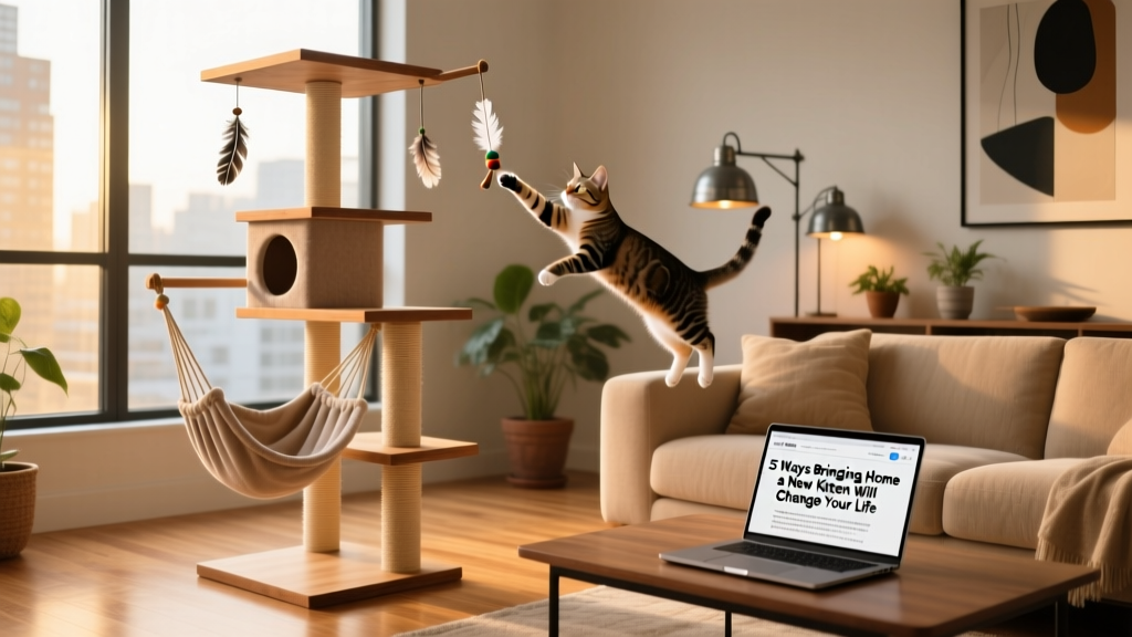 Stylish cat tree with shelves, hammocks, and dangling toys beside a modern living room