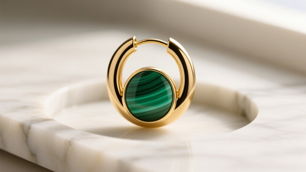Close-up of a 16-gauge solid gold huggie earring featuring a flush-set inlay of vibrant banded green malachite on marble