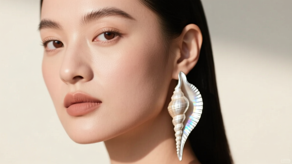 Profile of a woman wearing a long silver conch shell earring, showing how the vertical drop complements a round face shape.