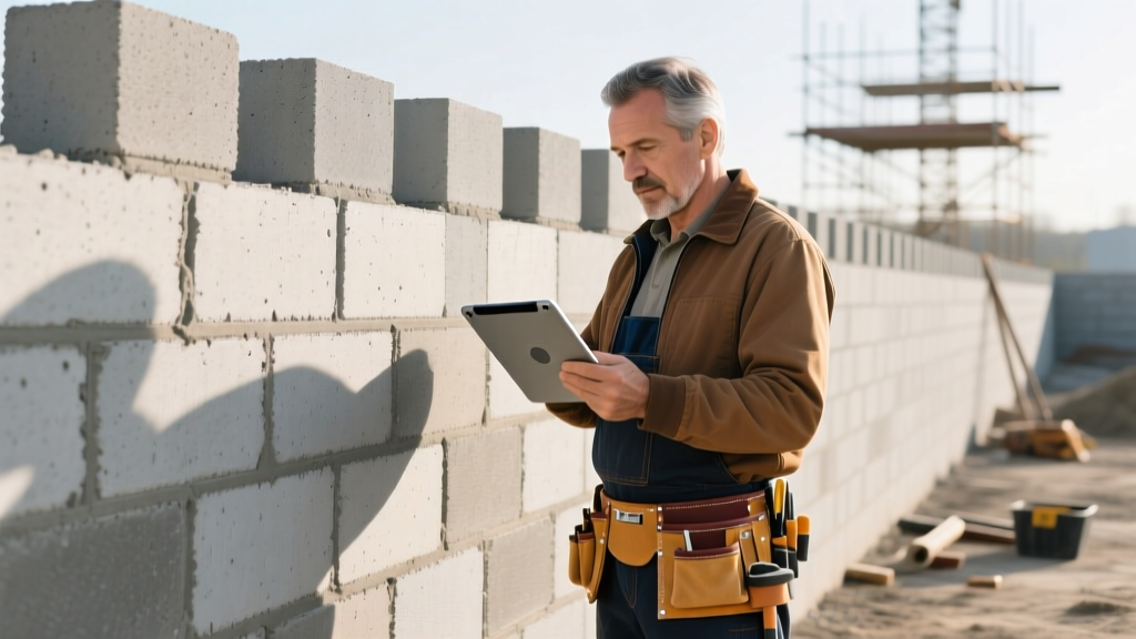 Contractor reviewing a tablet showing retaining wall financing options next to a partially built segmental concrete block wall