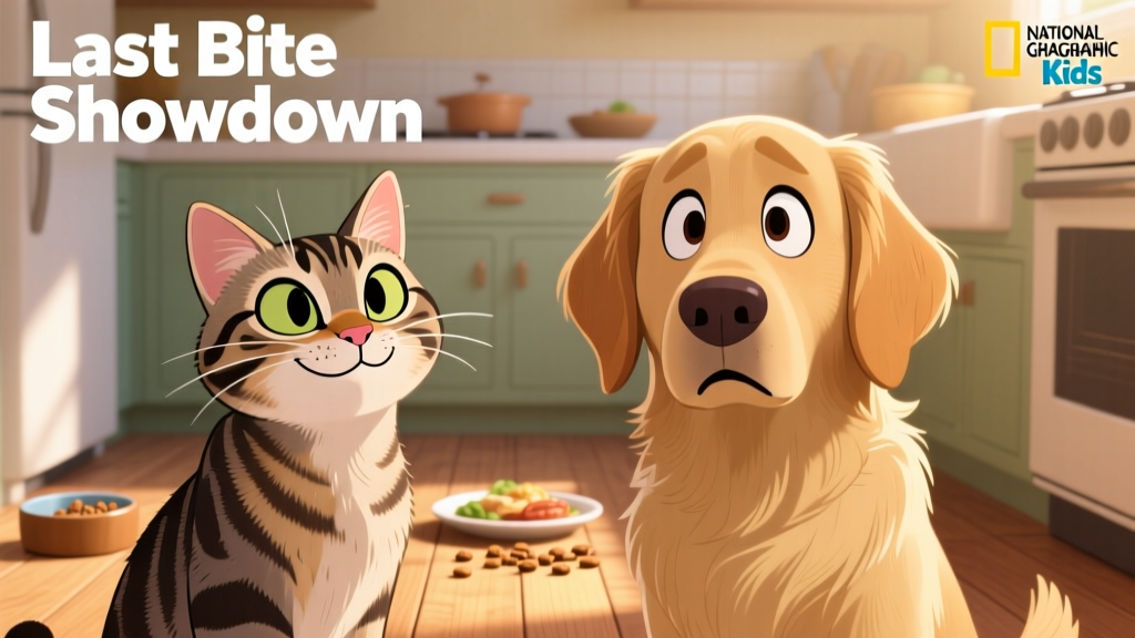 Side-by-side portrait of a confident-looking cat and a politely hesitant dog, both gazing directly at the camera